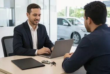 Consultor analisando documentos para licenciamento de veículo.