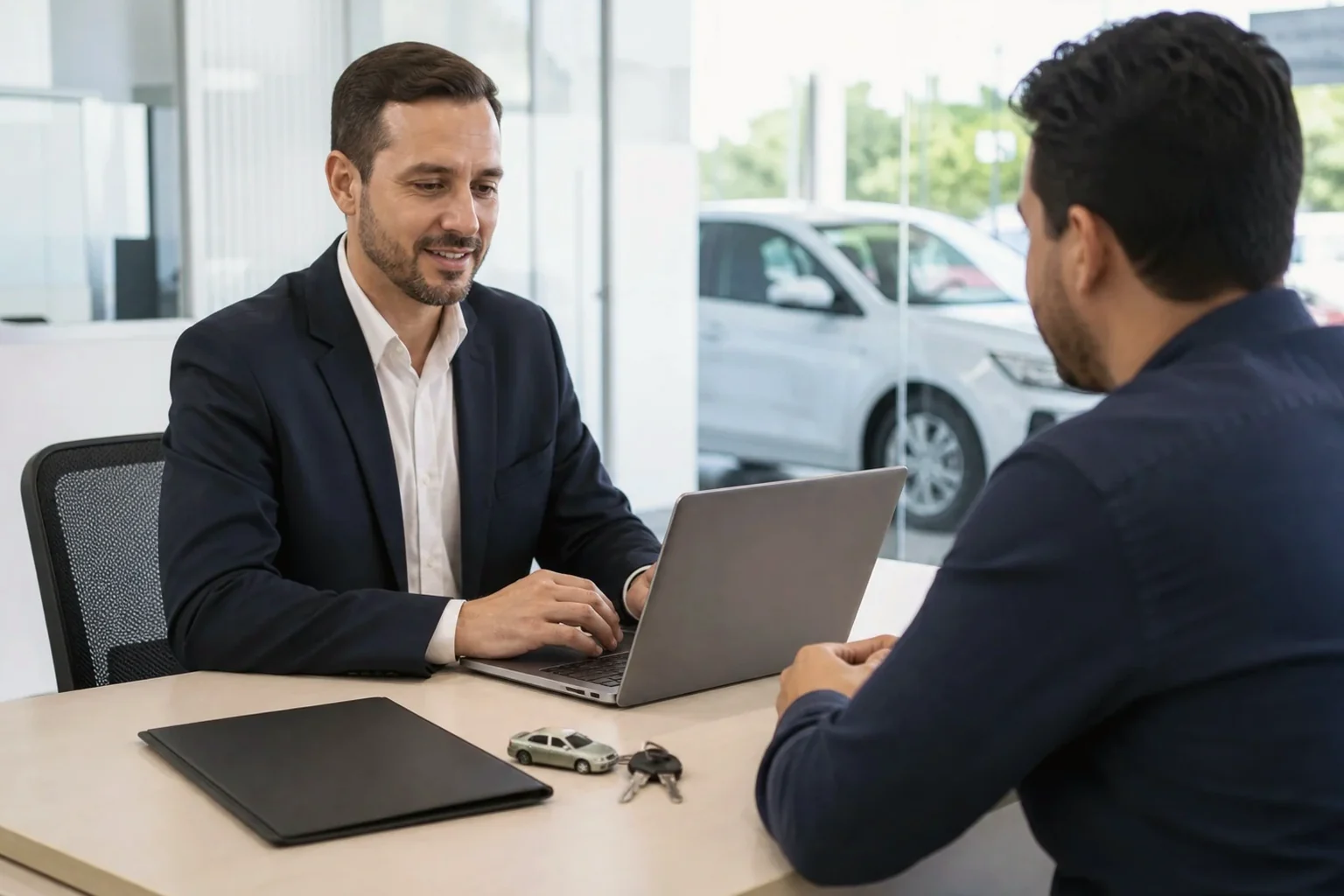 Consultor analisando documentos para licenciamento de veículo.