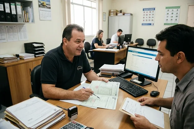 Despachante explicando o processo de licenciamento de veículo a um cliente.